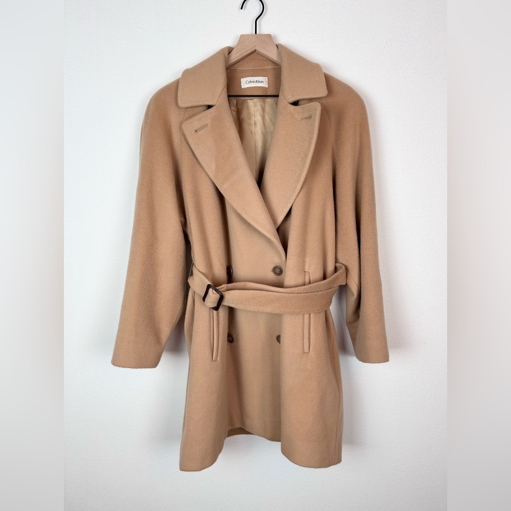 Calvin Klein Vintage 100% Wool Pea Coat Tan Waist Tie Two Button